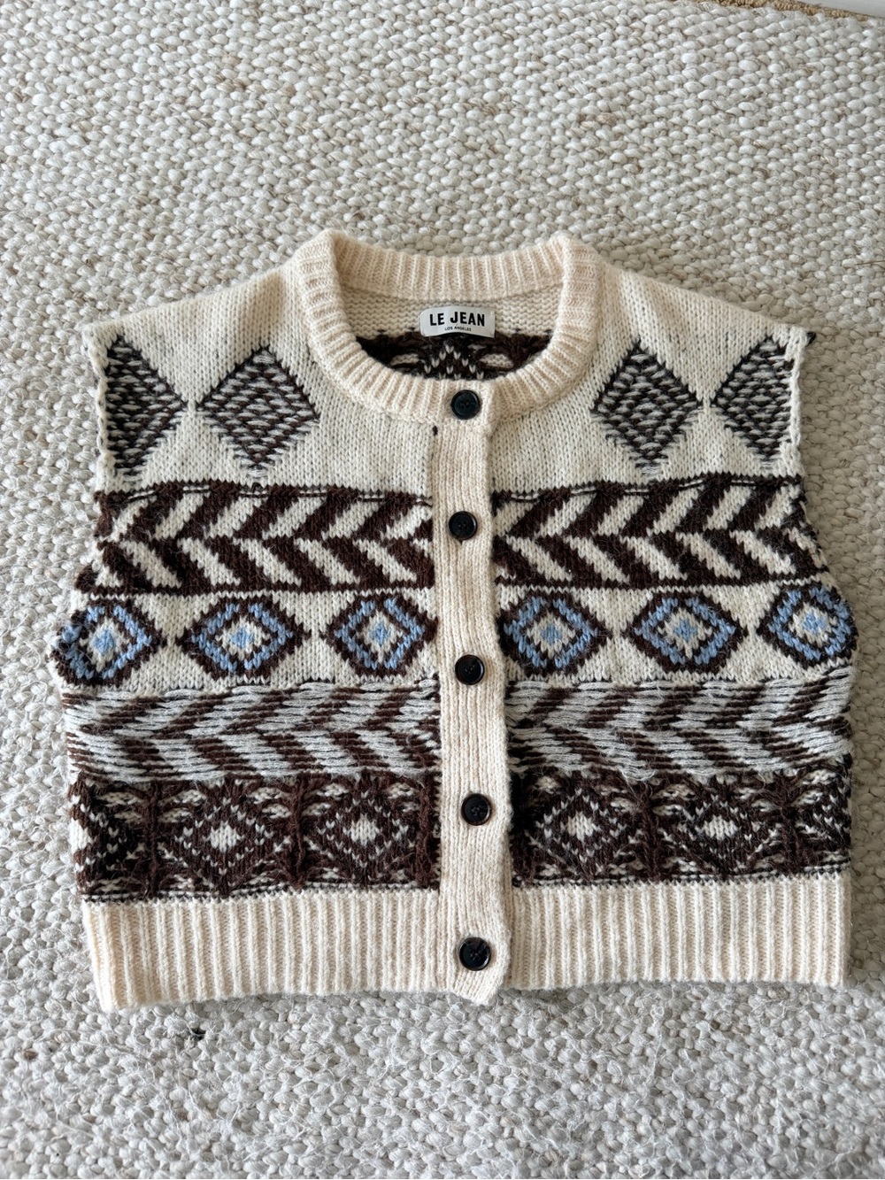 Le Jean Cream and Brown Fair Isle Knit Cardigan Vest